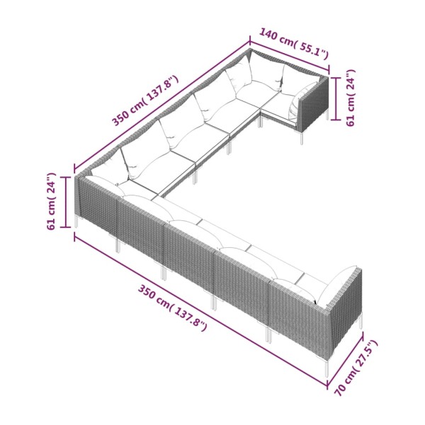 Muebles de jardín 10 pzas y cojines ratán sintético gris oscuro