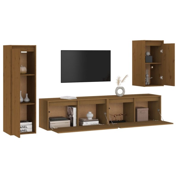 Muebles para TV 4 piezas madera maciza de pino marrón miel