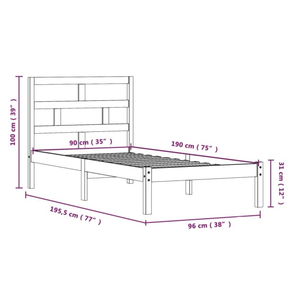 Estructura de cama individual madera maciza negra 90x190 cm