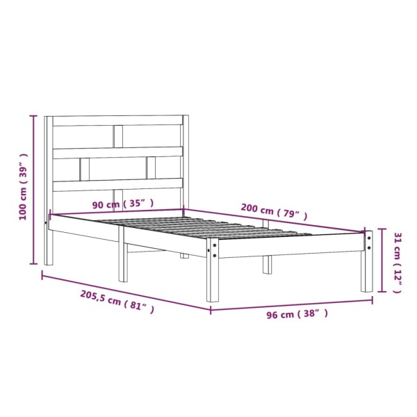 Estructura de cama madera maciza de pino 90x200 cm