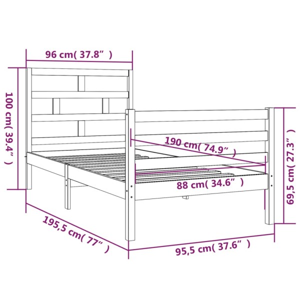 Estructura de cama madera maciza individual 90x190 cm