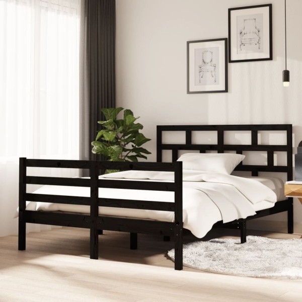 Estructura de cama doble de madera maciza negro 4FT6 135x190 cm