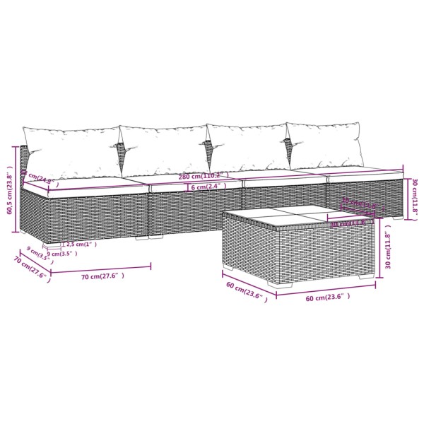 Set de sofás de jardín 5 piezas y cojines ratán sintético gris