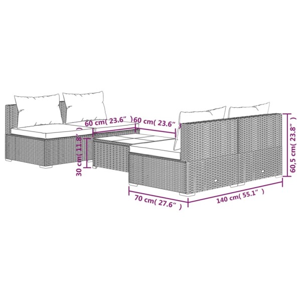 Set sofás de jardín 5 piezas y cojines ratán sintético marrón