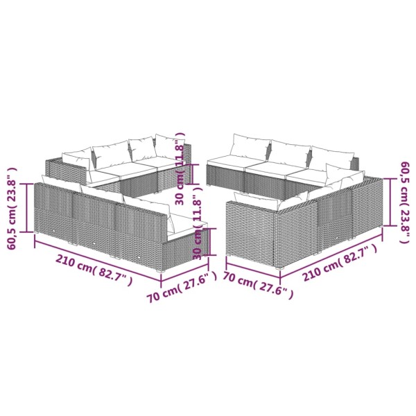 Set de sofás de jardín 12 pzas cojines ratán sintético negro