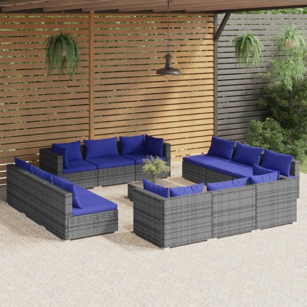 Set de muebles de jardín 13 pzas y cojines ratán sintético gris