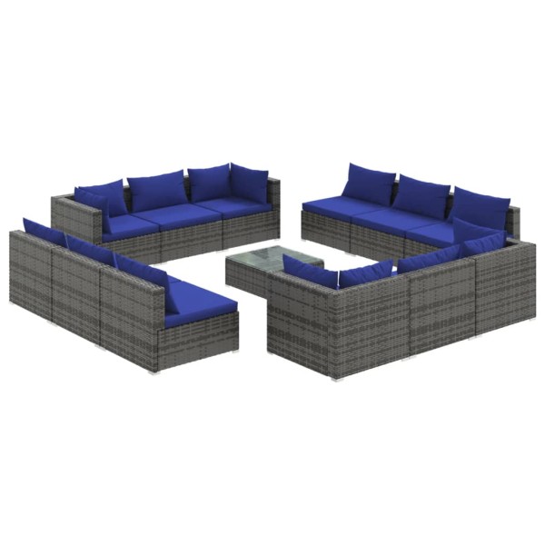 Set de muebles de jardín 13 pzas y cojines ratán sintético gris