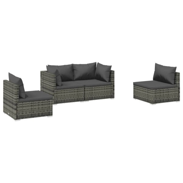 Set muebles de jardín 4 piezas y cojines ratán sintético gris