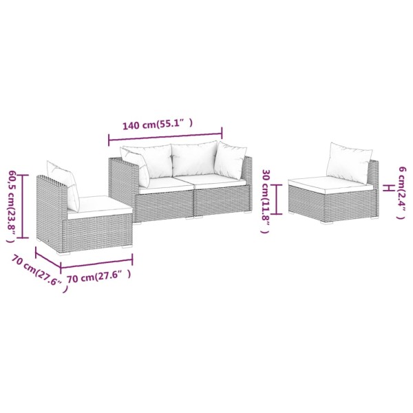 Set muebles de jardín 4 piezas y cojines ratán sintético gris