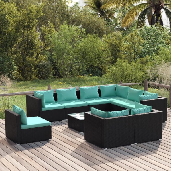 Set de muebles de jardín 10 pzs y cojines ratán sintético negro