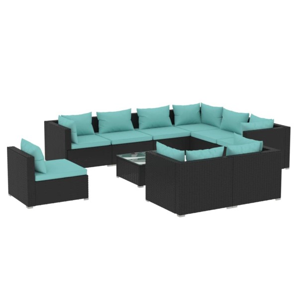 Set de muebles de jardín 10 pzs y cojines ratán sintético negro