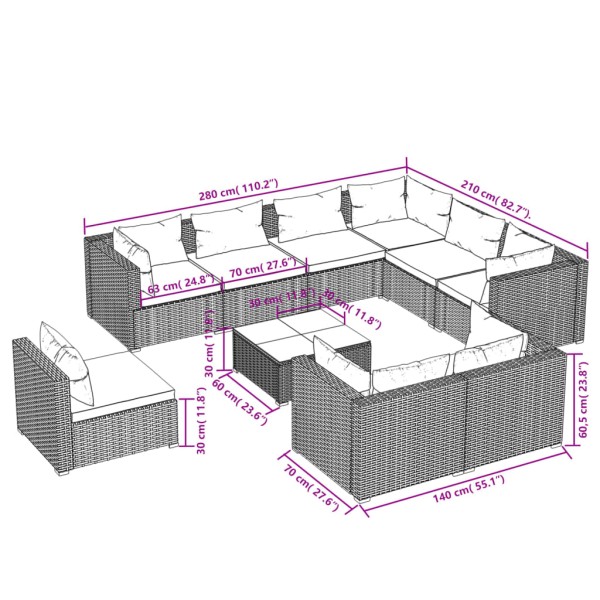 Set de muebles de jardín 10 pzs y cojines ratán sintético negro