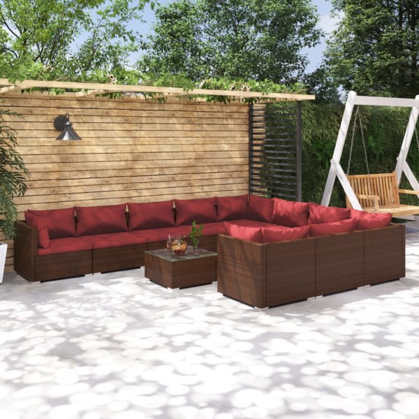 Set muebles de jardín 11 piezas cojines ratán sintético marrón