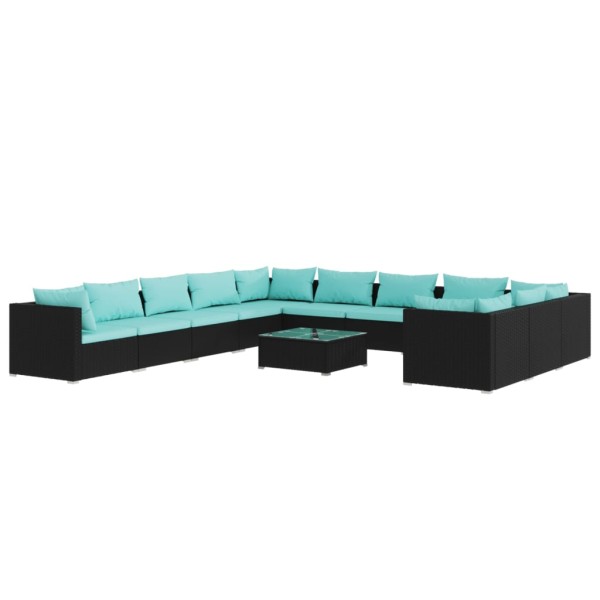 Set de muebles de jardín 12 pzs y cojines ratán sintético negro