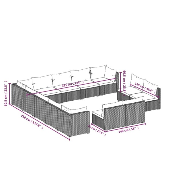 Set de muebles de jardín 13 pzas cojines ratán sintético negro