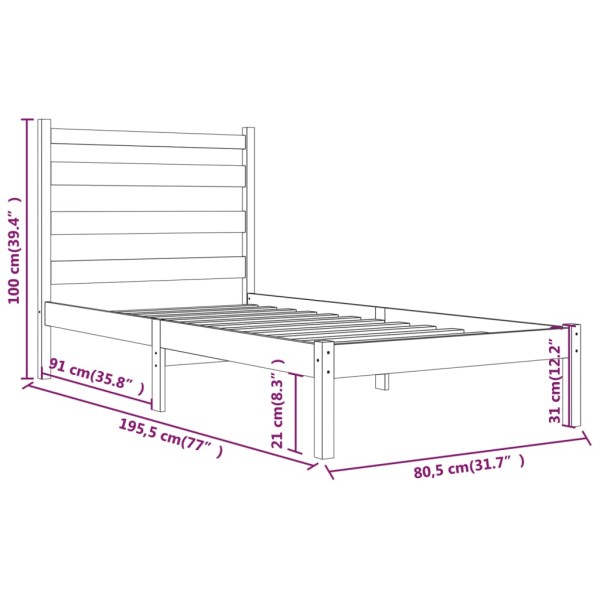 Estructura de cama madera maciza pino negra 75x190 cm 2FT6