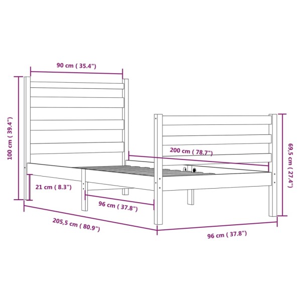 Estructura de cama madera maciza de pino blanco 90x200 cm