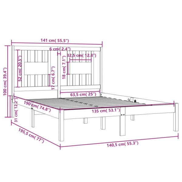 Estructura de cama madera maciza marrón miel 135x190 cm