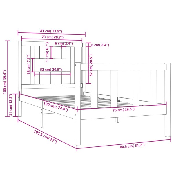 Estructura de cama madera maciza 75x190 cm