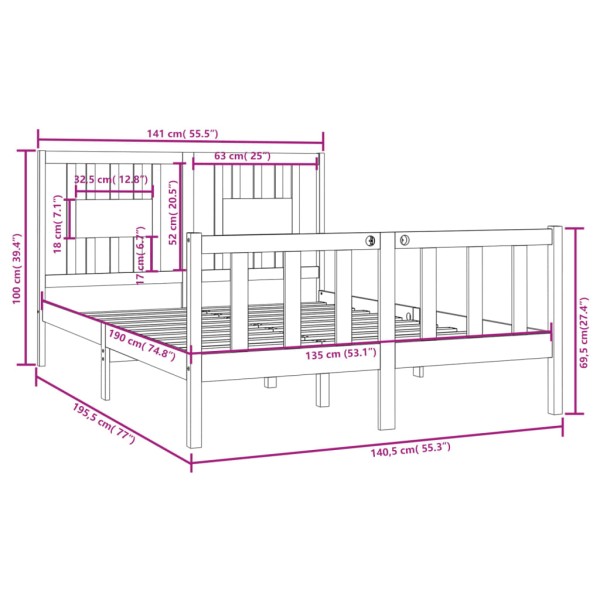 Estructura de cama doble madera maciza blanca 135x190 cm