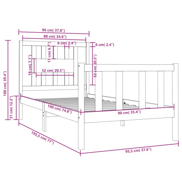 Estructura de cama individual madera maciza gris 90x190 cm