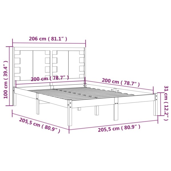 Estructura de cama de madera maciza de pino negra 200x200 cm