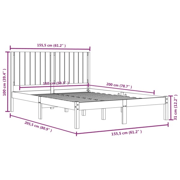 Estructura de cama madera maciza negra King Size 150x200 cm