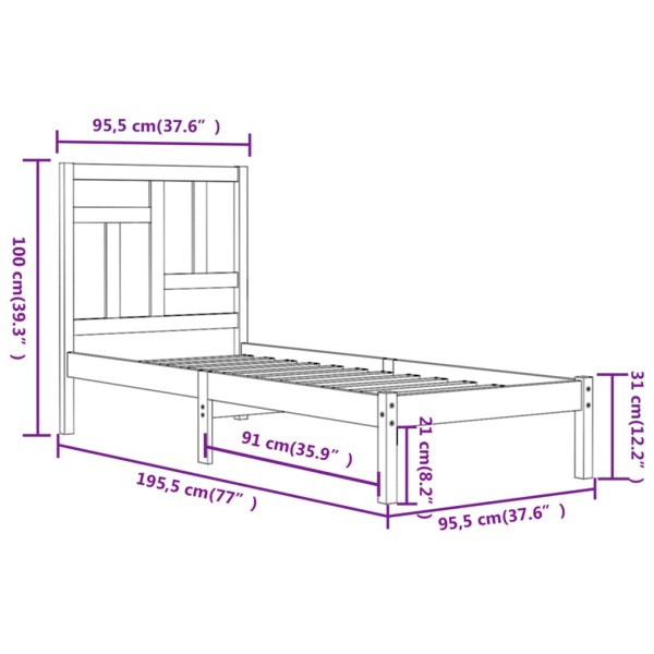 Estructura cama individual madera maciza pino negra 90x190 cm