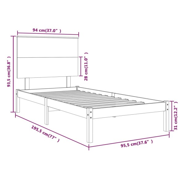 Estructura de cama individual madera maciza negro 90x190 cm