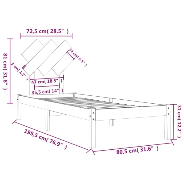 Estructura de cama individual madera maciza blanco 75x190 cm