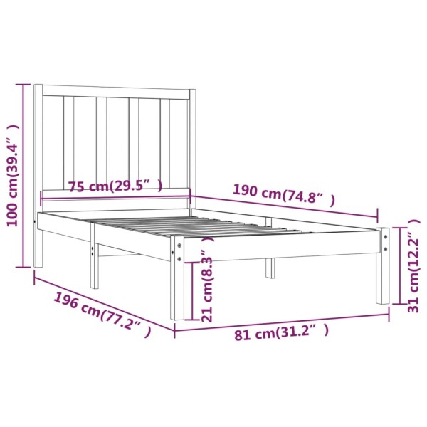 Estructura de cama madera maciza individual blanco 75x190 cm