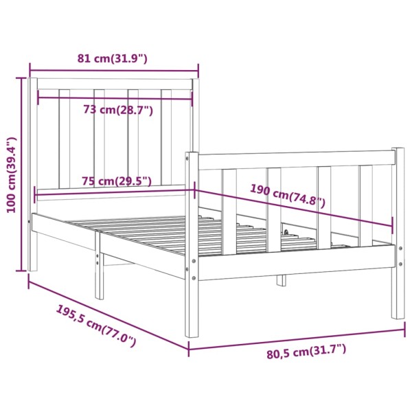 Estructura de cama individual madera maciza negra 75x190 cm