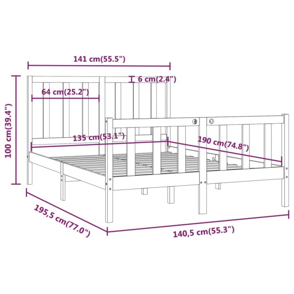 Estructura de cama matrimonial madera maciza negra 135x190 cm