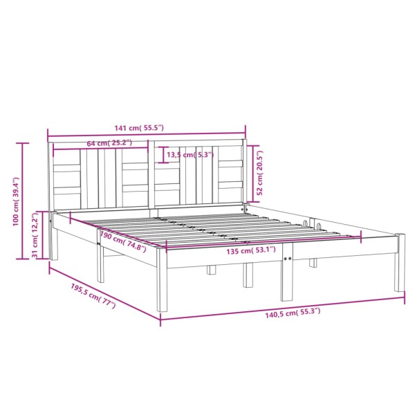 Estructura de cama matrimonial madera maciza blanca 135x190 cm