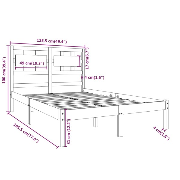 Estructura cama doble pequeño madera maciza marrón 120x190 cm