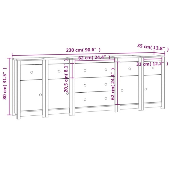 Aparador de madera maciza de pino blanco 230 x 35 x 80 cm