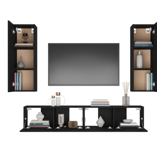 Set de muebles para TV 4 piezas madera contrachapada negro