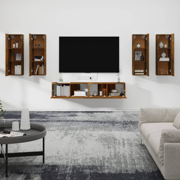 Set de muebles de TV 6 pzas madera contrachapada roble ahumado