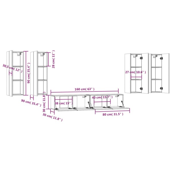 Set de muebles de TV 6 pzas madera contrachapada roble ahumado