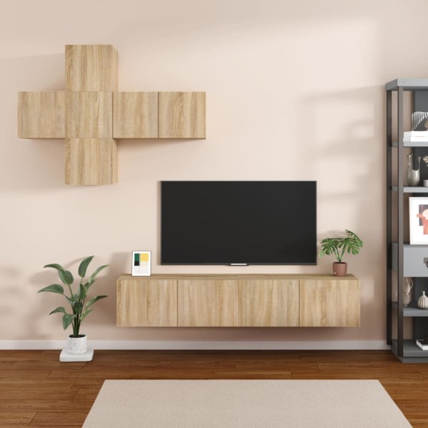 Juego de mueble TV 7 piezas madera contrachapada roble Sonoma