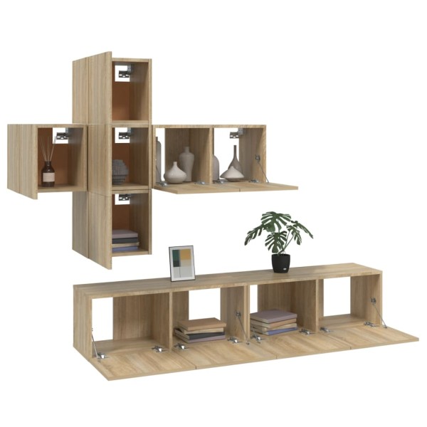 Juego de mueble TV 7 piezas madera contrachapada roble Sonoma