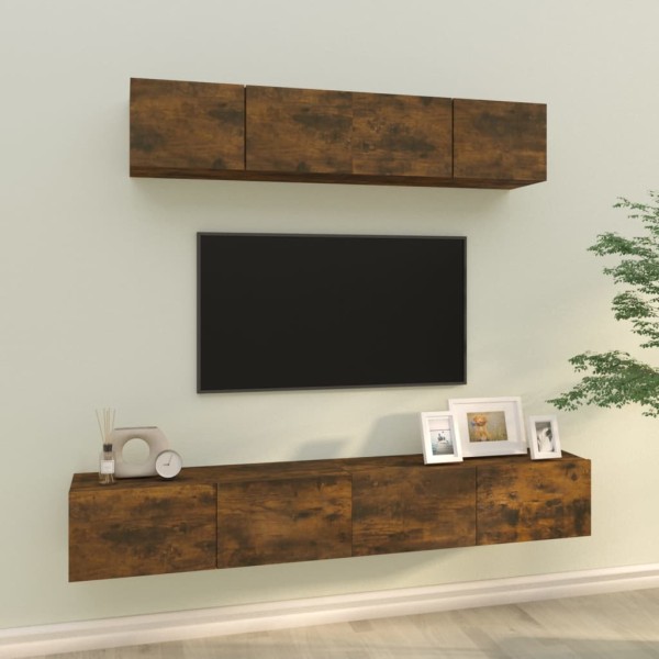 Set de muebles de TV 4 pzas madera contrachapada roble ahumado