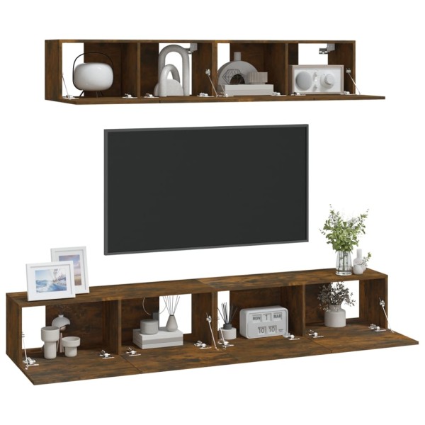 Set de muebles de TV 4 pzas madera contrachapada roble ahumado