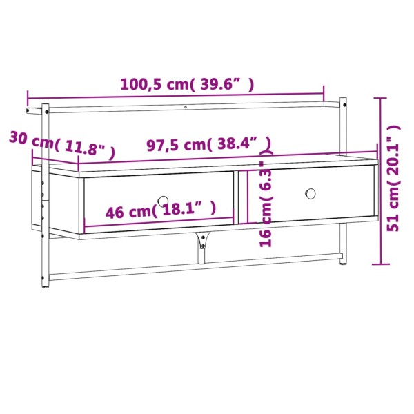 Mueble TV de pared madera ingeniería gris Sonoma 100,5x30x51 cm