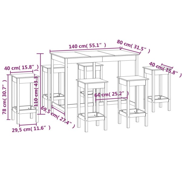 Set de bar 7 piezas madera maciza de pino negro