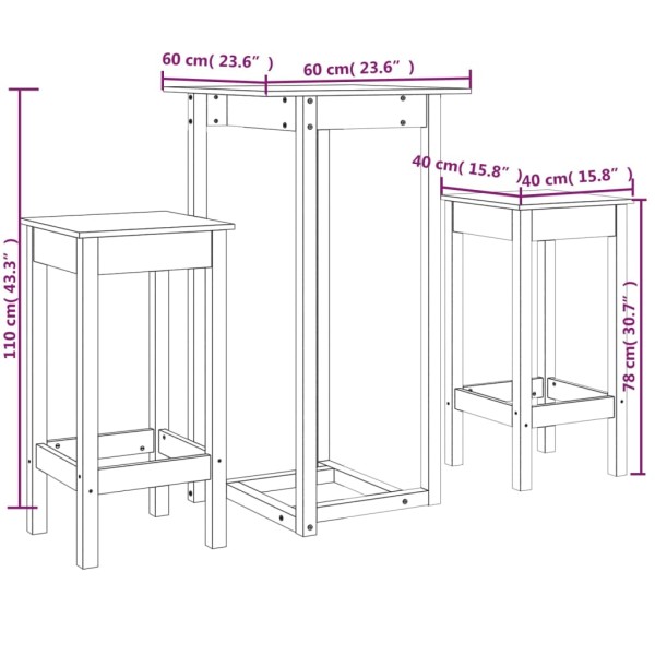 Set de bar 3 piezas madera maciza de pino marrón miel