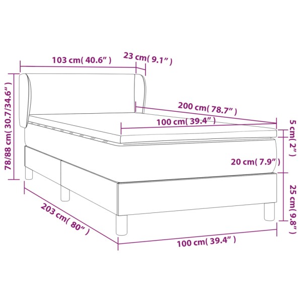 Cama box spring con colchón tela azul 100x200 cm