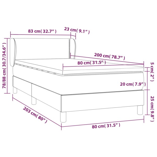 Cama box spring con colchón tela gris claro 80x200 cm