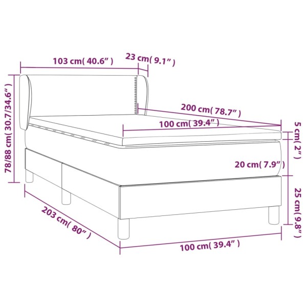 Cama box spring con colchón tela gris claro 100x200 cm