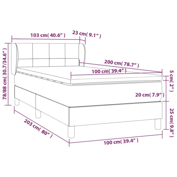 Cama box spring con colchón tela marrón oscuro 100x200 cm